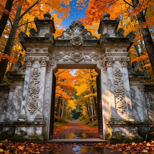 Photograph of an ornate, marble archway surrounded by vibrant autumn trees with orange and yellow leaves, set on a leaf-strewn path.