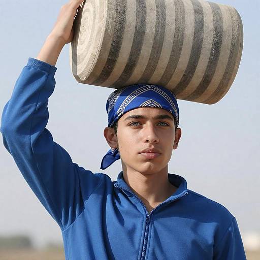 Young Man Lifting a Striped Object