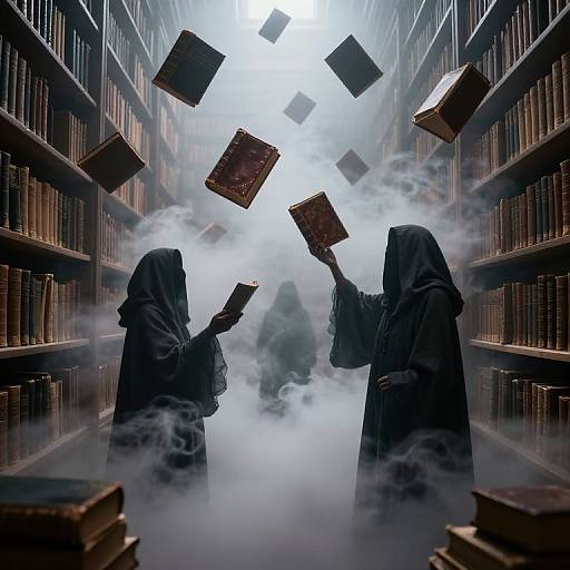 Photograph-like digital art: Three hooded figures in black robes, amidst fog, levitating books in a dim, narrow, book-filled library.