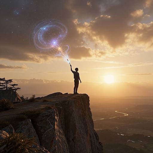 Silhouetted person on cliff at sunset, casting glowing magical rings into the sky. Dramatic clouds, distant landscape, and sparkling stars. Digital
