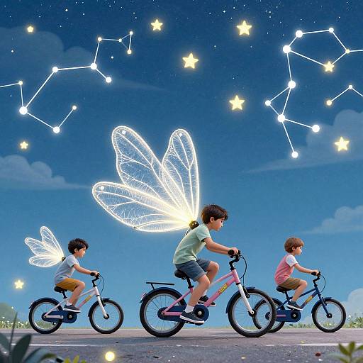 Children Riding Bicycles with Dragonfly Wings Under Starry Sky