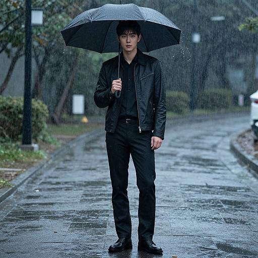 Photograph of a young Asian man in black raincoat and pants, holding a black umbrella, standing on a wet, rainy street.