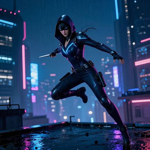 Digital art of a masked, black-clad female warrior with glowing blue accents, wielding knives, mid-leap in a neon-lit, rainy city
