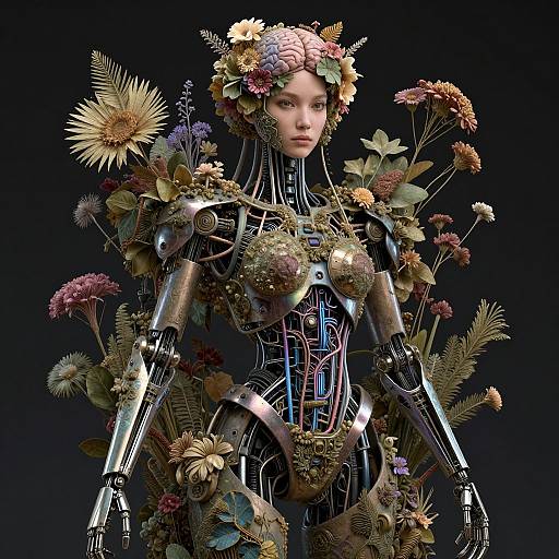 Digital artwork of a female humanoid robot adorned with various colorful flowers, set against a dark background. Her mechanical parts and floral decorations blend seamlessly, creating a