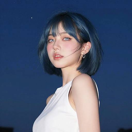 Portrait of Young Woman with Blue Hair at Night