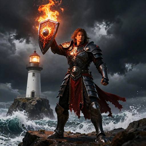 Male Warrior with Flaming Shield on Stormy Lighthouse Cliff