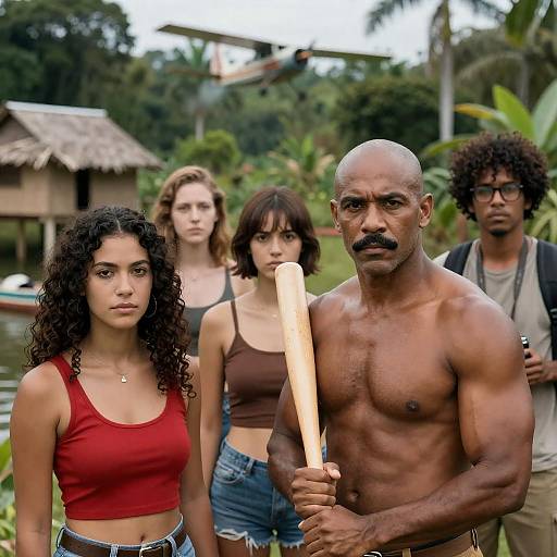 Group in Jungle with Muscular Man Holding Baseball Bat
