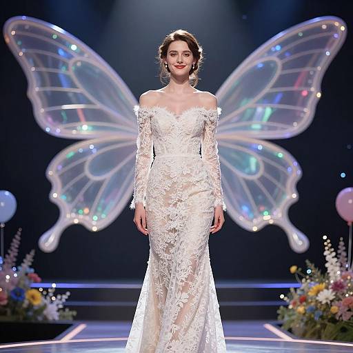 Elegant Woman in Lace Gown on Stage