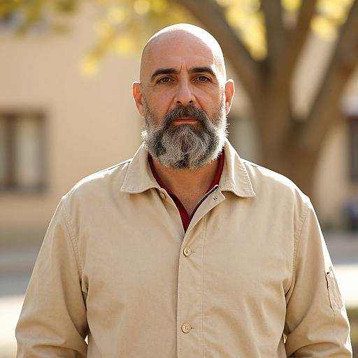 Photograph of a middle-aged bald man with a gray beard, wearing a beige button-up shirt, standing outdoors in a sunlit, blurred background.