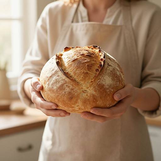 Photograph of a person in a beige apron holding a golden, crusty loaf of bread in a sunlit kitchen.