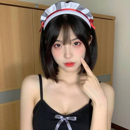 Photograph of an Asian woman with fair skin, black bob haircut, wearing a black maid dress with white and red headband, black straps, and
