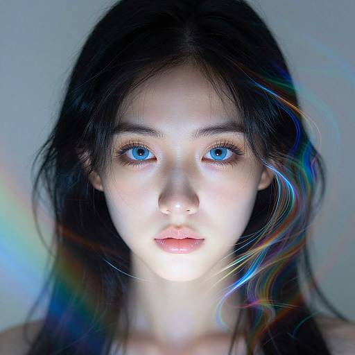 Photograph of a young Asian woman with striking blue eyes, pale skin, and long black hair with rainbow highlights, illuminated from the front.