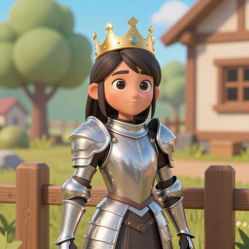 3D Cartoon Female Warrior in Silver Armor with Gold Crown