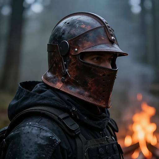 Photograph of a mysterious warrior in a weathered, dark brown steel helmet with a face mask, black hooded cloak, and forest background with blurred