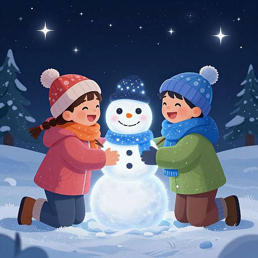 Children Building Glowing Snowman