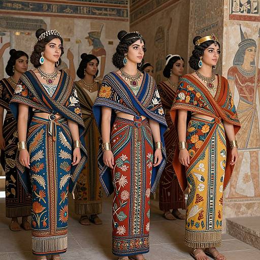 Photograph of three Indian women in colorful, intricately patterned traditional saris with gold jewelry, standing in an ancient, ornately decorated room.