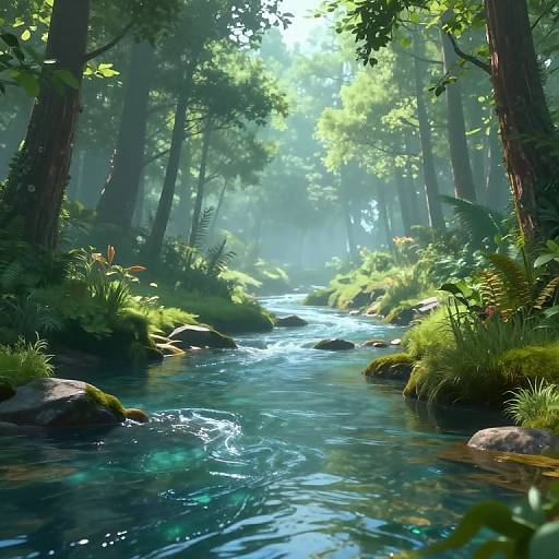 Photorealistic digital artwork of a serene forest creek with sunlight filtering through tall trees, clear blue water, lush green ferns, and moss-covered rocks