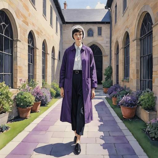 Nun in Purple Robe Walking in Church Courtyard