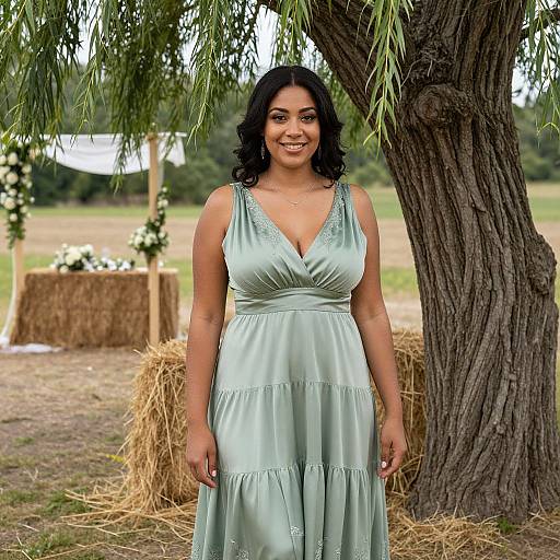 Photograph of a smiling, dark-haired woman in a light green, sleeveless, V-neck dress, standing under a tree in a rural, hay