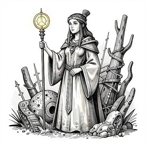 Black-and-white ink drawing of a medieval nun holding a glowing orb, surrounded by broken armor and helmets, standing confidently.
