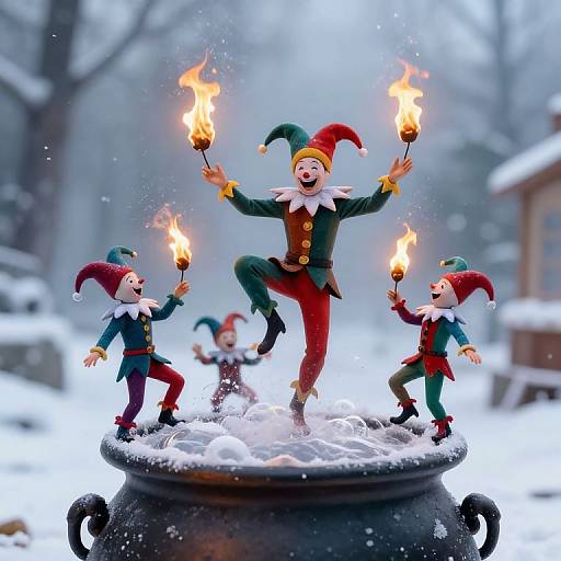 Whimsical Jesters Dancing on Cauldron