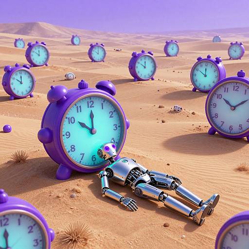 Digital art: A silver robot lies lifeless in a desert, surrounded by purple alarm clocks with glowing blue faces, all displaying different times.