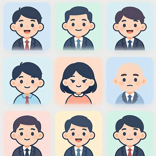 Digital cartoon image of nine diverse, smiling, business-casual characters with varied hair colors and outfits, arranged in a 3x3 grid.