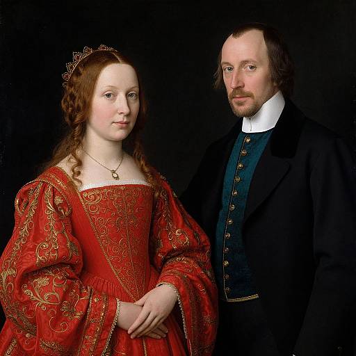 Portrait of a red-haired woman in an ornate red dress and a bearded man in a black suit with a white collar, set against a black