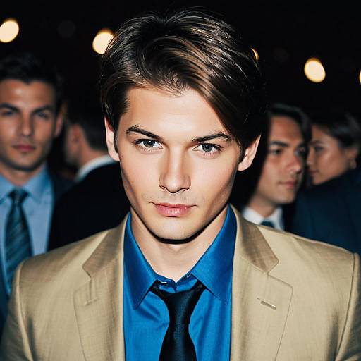Young Man in Blue Shirt and Beige Suit at Party