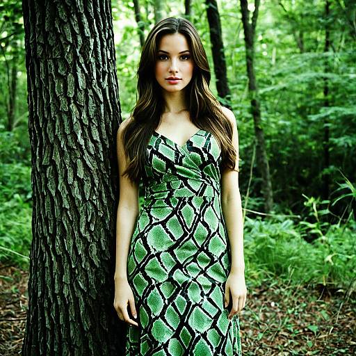 Woman in Green Snake Print Dress in Forest