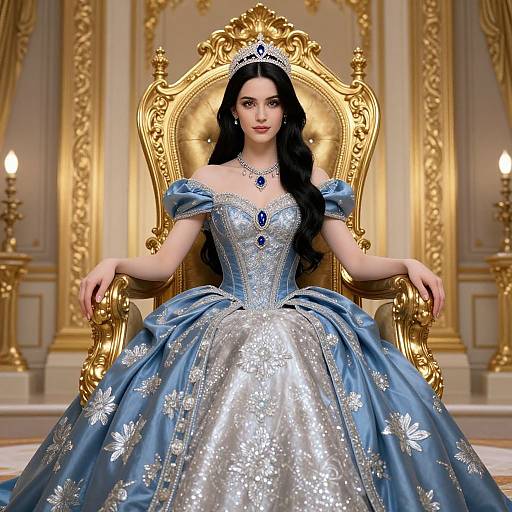 Digital illustration of a fair-skinned princess with long black hair, wearing a silver and blue floral-patterned ball gown, diamond tiara, and orn