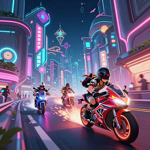 Digital artwork of three neon-lit motorcyclists speeding through a vibrant, futuristic city street at night, surrounded by glowing signs and bright lights.