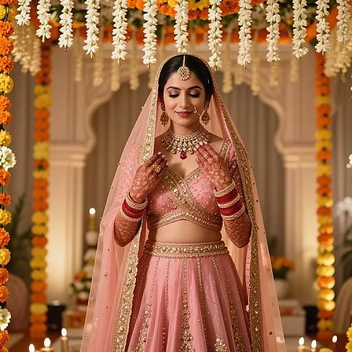 Photograph of a South Asian bride in pink traditional attire with gold embroidery, veil, and jewelry, smiling, surrounded by orange and white flowers, in
