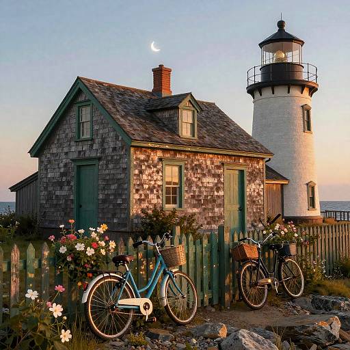 Twilight Lighthouse Cottage Scene