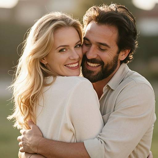 Photograph of a smiling blonde woman and bearded man hugging closely, both wearing white shirts, in a sunlit outdoor setting.