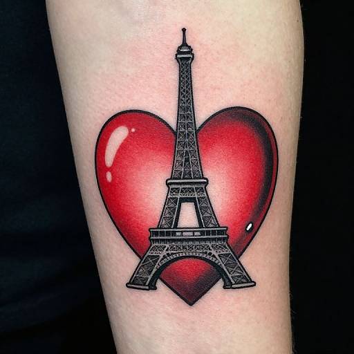 Tattoo of a black, detailed Eiffel Tower inside a glossy red heart on pale skin, set against a black background.