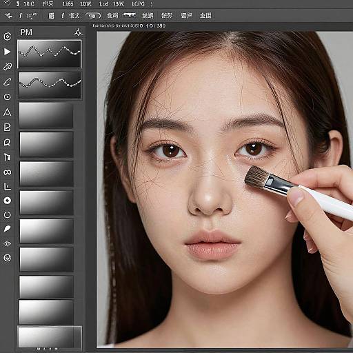 Digital portrait of an East Asian woman with long black hair, fair skin, and brown eyes, being applied makeup with a brush. Adobe Photoshop interface overlays