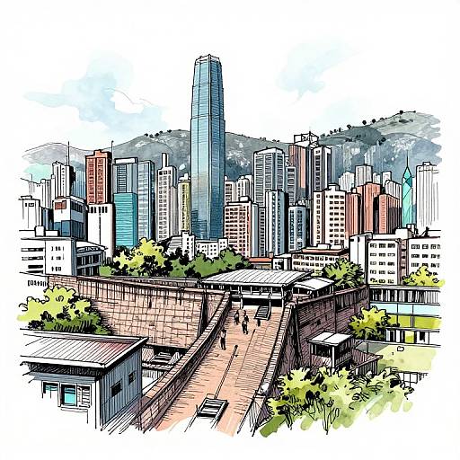 Digital illustration of a bustling urban cityscape with tall skyscrapers, a prominent blue-tinted tower, and a brick pathway leading to lower buildings