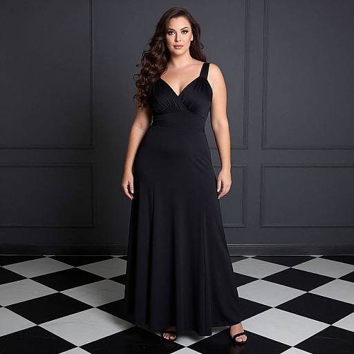 Photograph of a plus-sized woman with long, wavy brown hair in a black, sleeveless V-neck gown, standing on a black-and-white