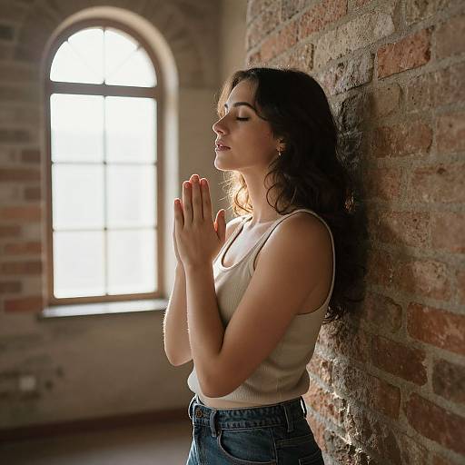 Photograph of a curly-haired woman in a white tank top and high-waisted jeans, praying against a sunlit, brick wall.