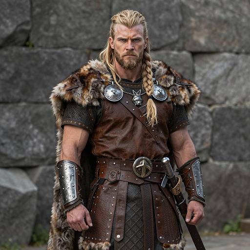 Viking Warrior in Fur and Leather Armor