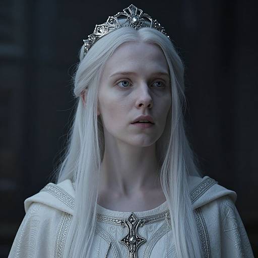 Photograph of a pale-skinned, blue-eyed young woman with long white hair, wearing a silver tiara and ornate white medieval gown, with