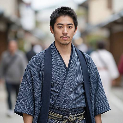 Photograph of an Asian man with short black hair, mustache, wearing a blue striped kimono, black shoulder strap, standing in a blurred,