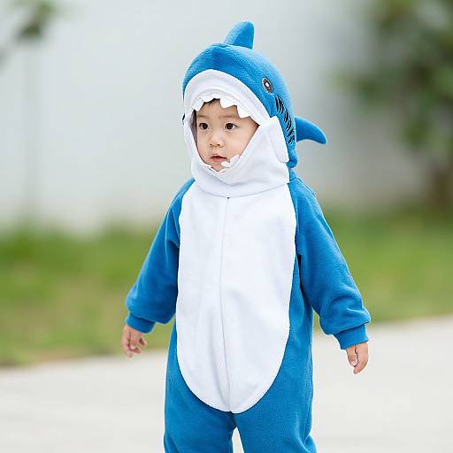 Photograph of a baby in a blue and white shark onesie with a finned hood, standing outdoors on a sunny day.