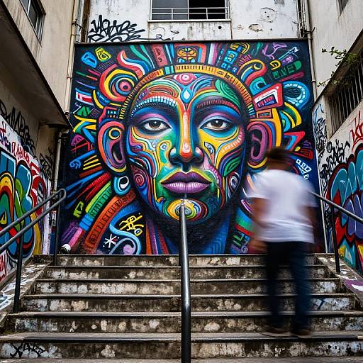 Vibrant, psychedelic mural of a multicolored, abstract face on concrete stairs with blurred pedestrian in white shirt, urban graffiti background.