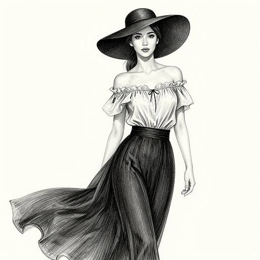 Elegant Woman in Wide-Brimmed Hat Pencil Sketch