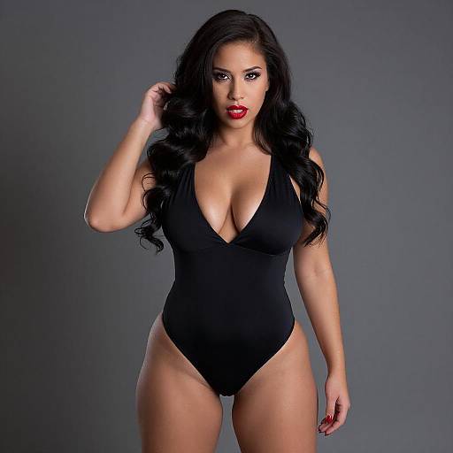 Glamorous Curvy Woman in Black Swimsuit