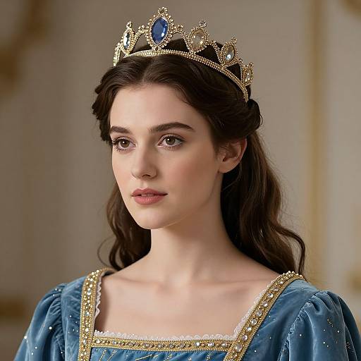 Photograph of a young woman with fair skin and dark brown hair, wearing a gold and blue jeweled tiara, and a blue velvet gown with