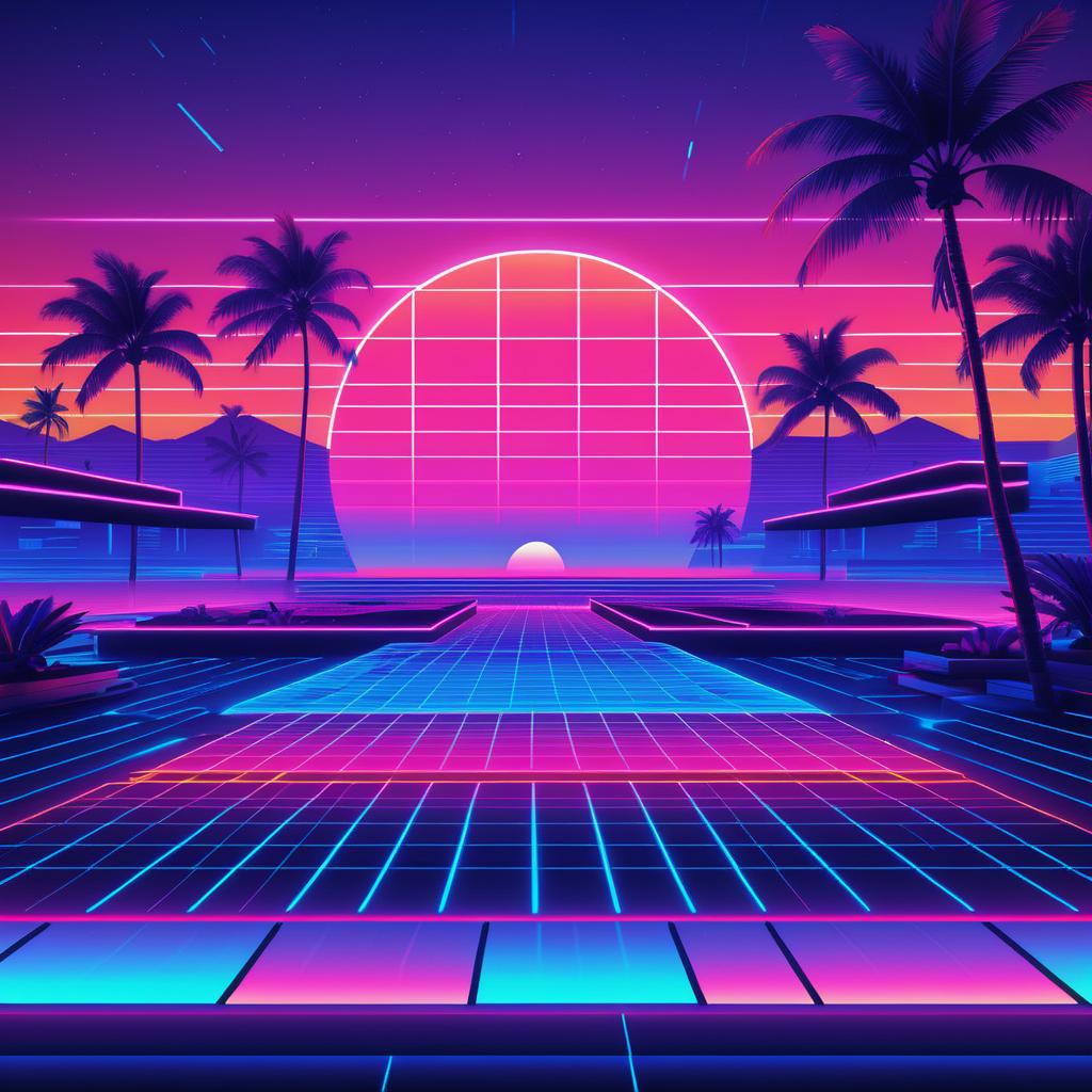 80s Synthwave Sunset with Neon Grids