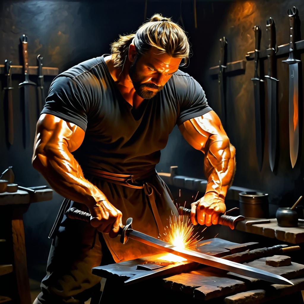 Intense Blacksmith Forging a Sword